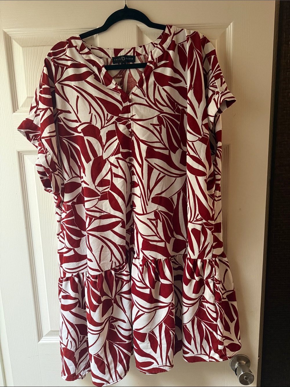 Fred David Womens Dress Plus 3X Maroon Leaf Print Boxy Loose Mini Boho